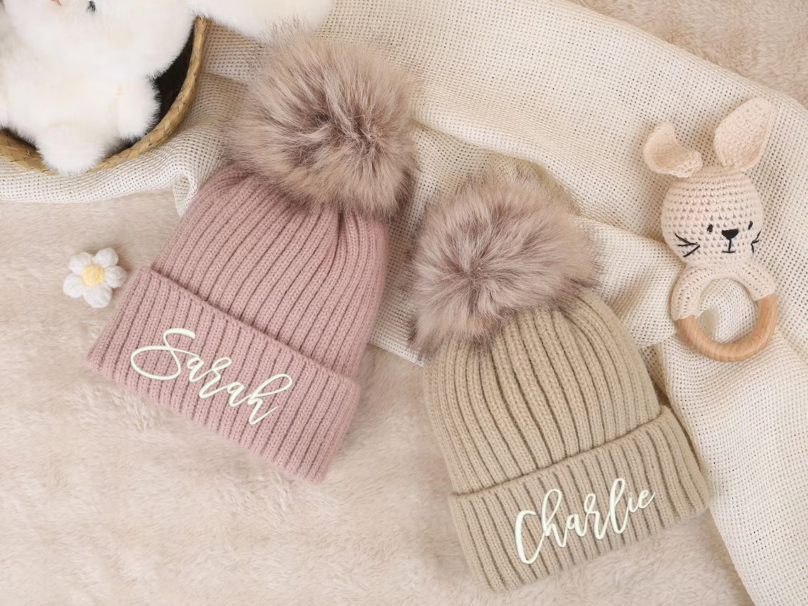 Personalized Embroidery Kids Crochet Beanie Hats – Custom Pom-Pom Winter Hats - Image 4