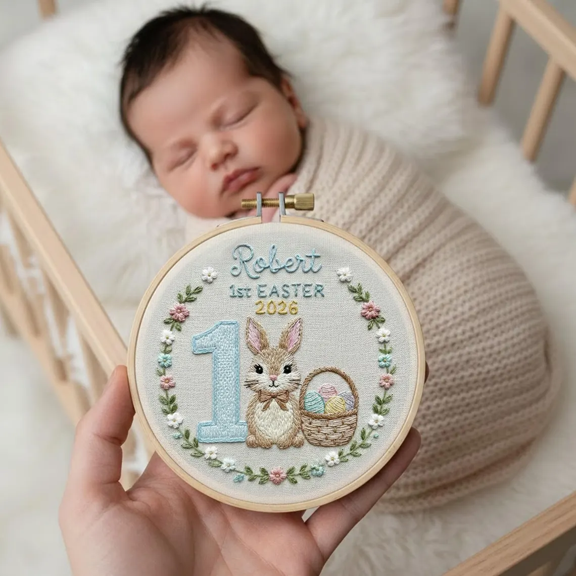 Personalized Baby First Easter Embroidered Hoop Wall Decor - Image 2