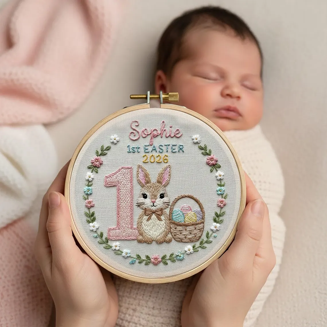 Personalized Baby First Easter Embroidered Hoop Wall Decor - Image 3