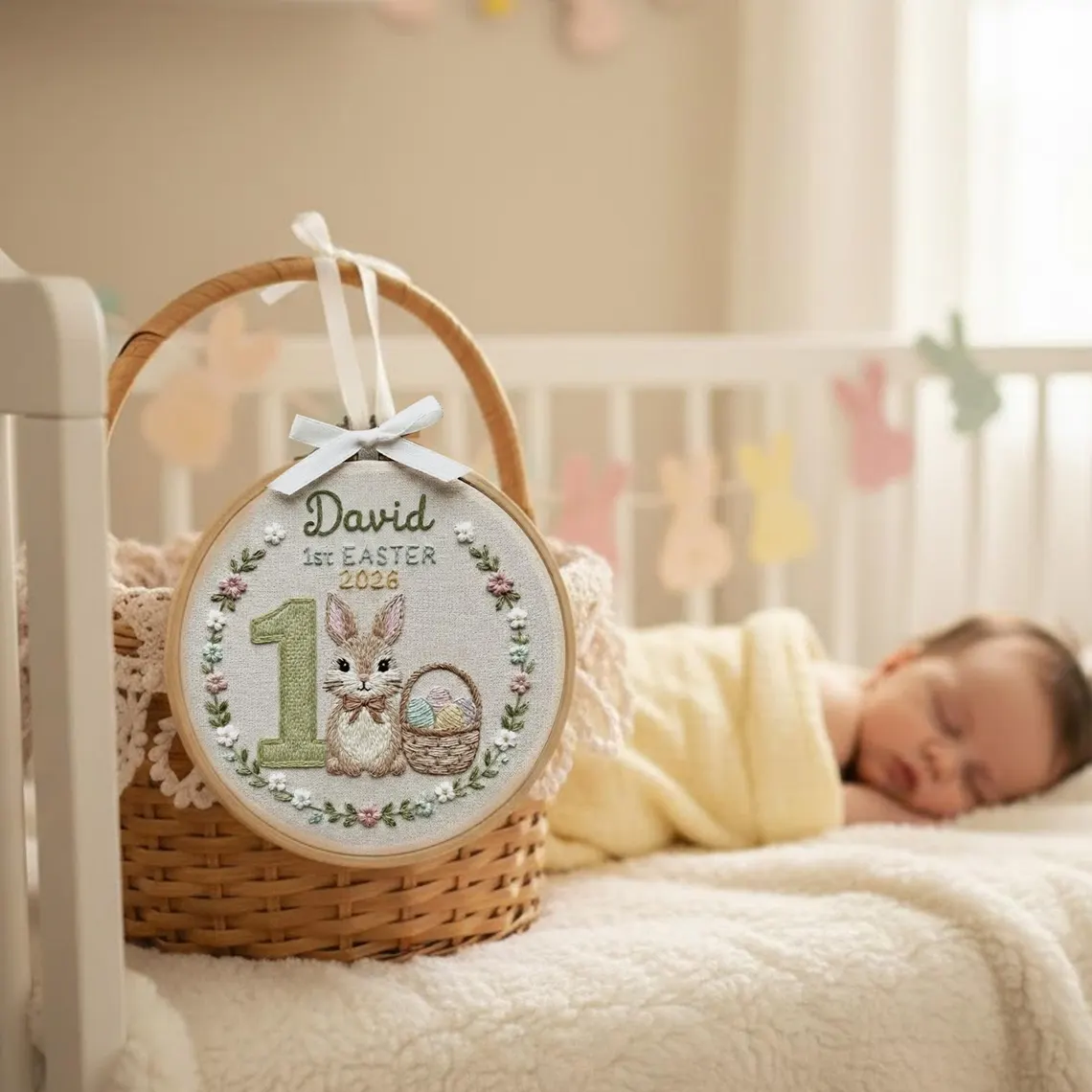 Personalized Baby First Easter Embroidered Hoop Wall Decor - Image 4