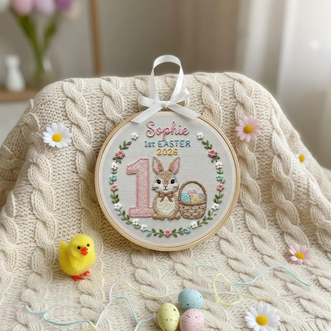 Personalized Baby First Easter Embroidered Hoop Wall Decor - Image 5
