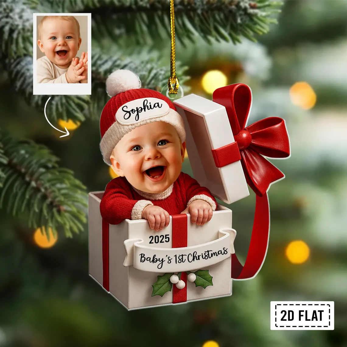 Personalized Baby in Gift Box Acrylic Ornament – Custom Photo & Name - Image 2