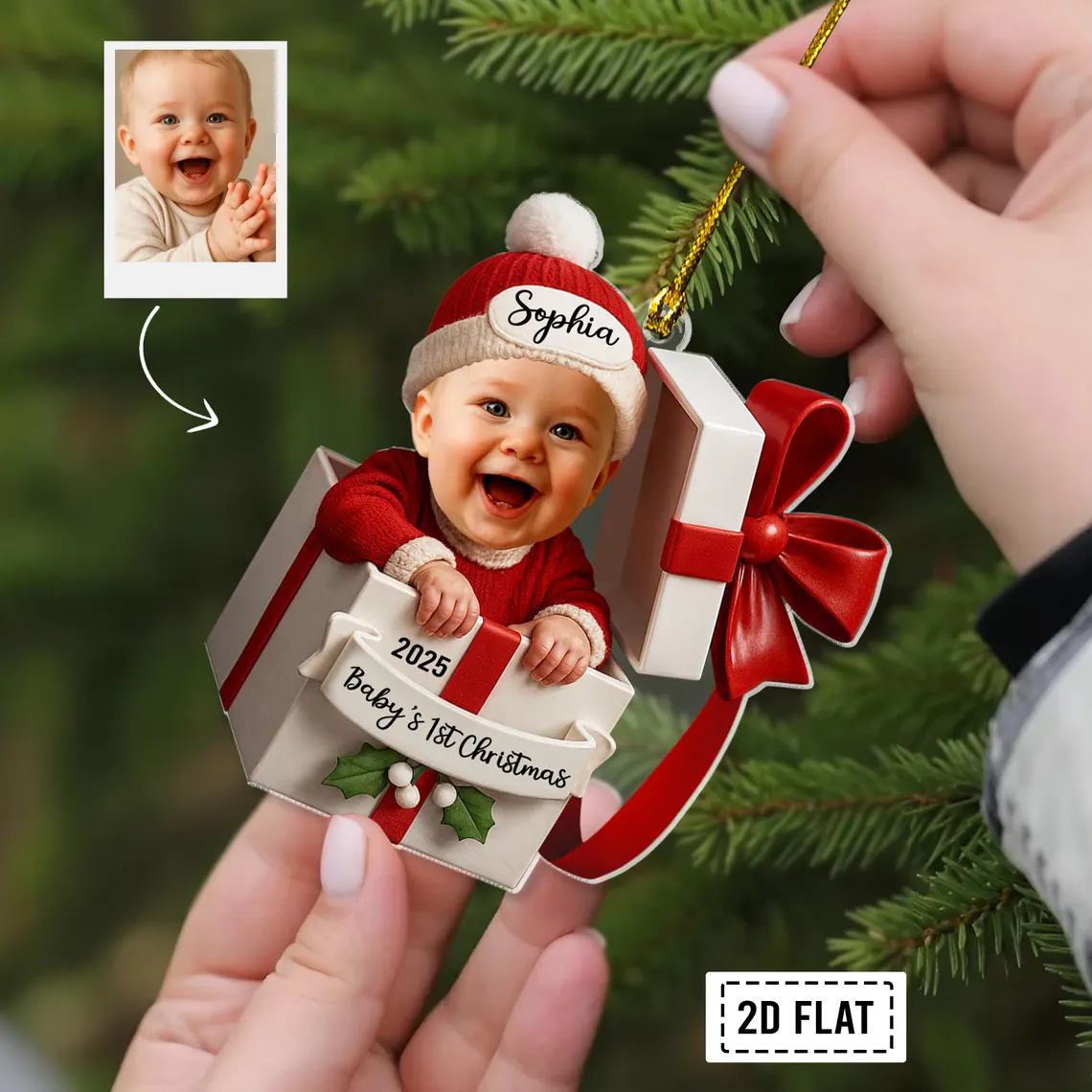 Personalized Baby in Gift Box Acrylic Ornament – Custom Photo & Name - Image 3