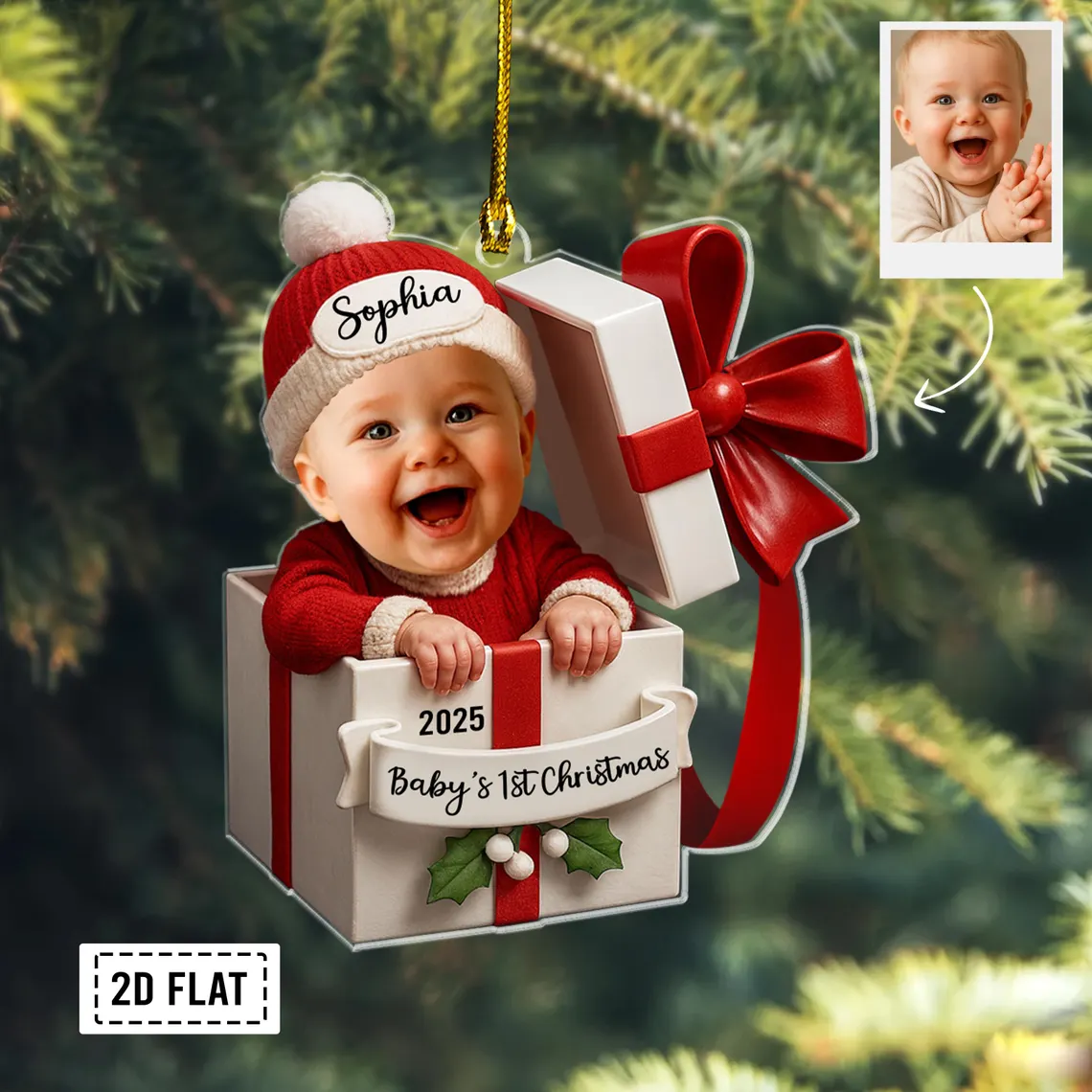 Personalized Baby in Gift Box Acrylic Ornament – Custom Photo & Name - Image 4