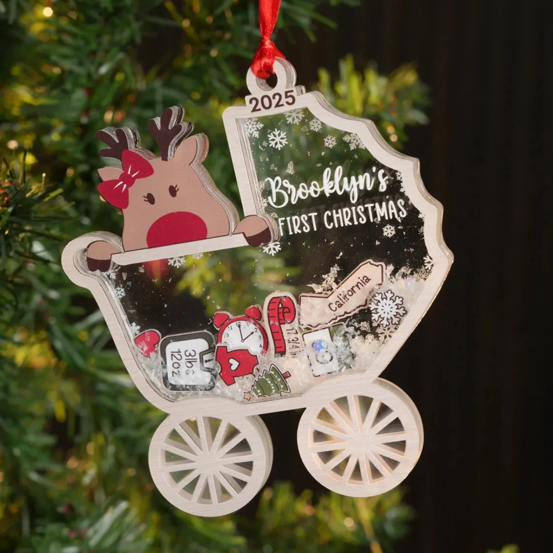 Baby’s First Christmas 2025 – Personalized Reindeer 4D Ornament - Image 3