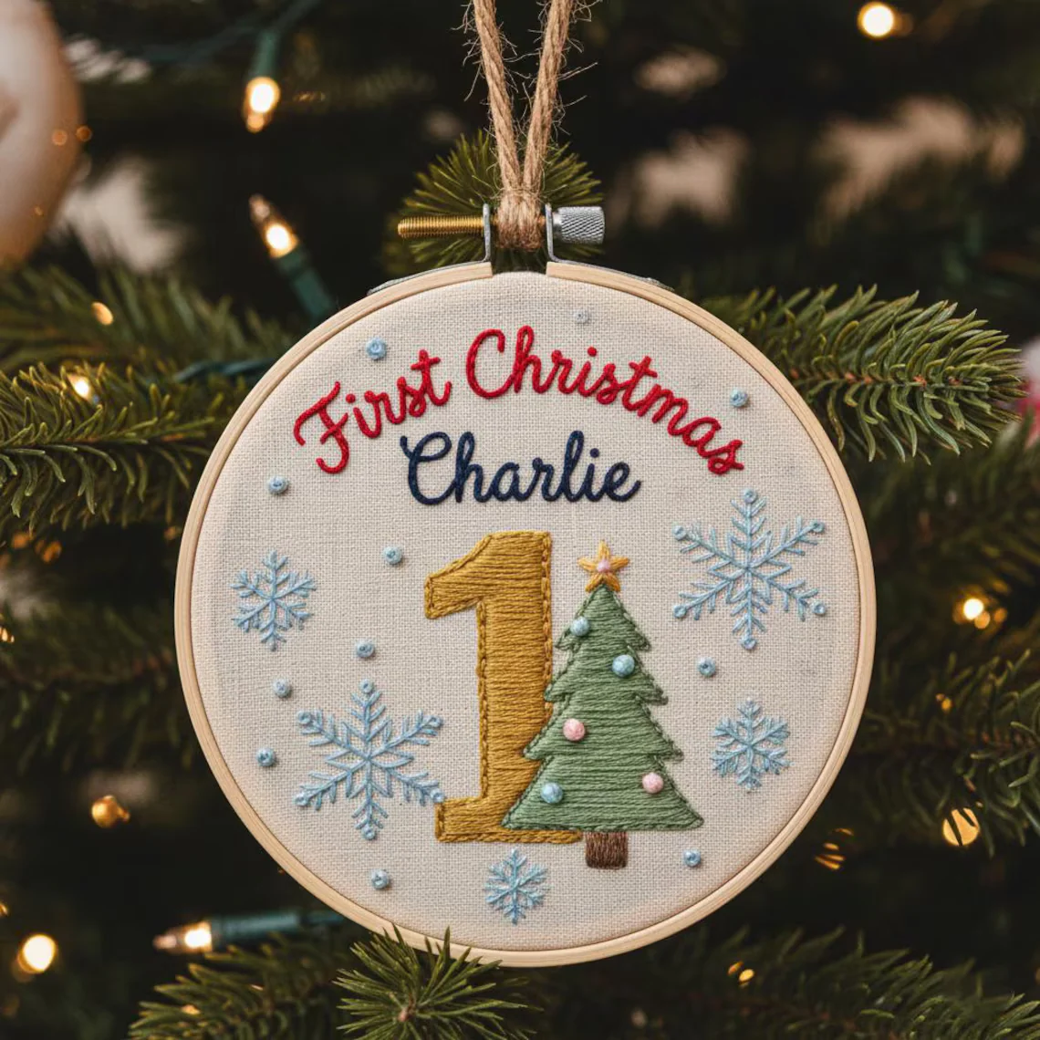 Personalized Baby’s First Christmas Tree Embroidered Ornament | Custom Name