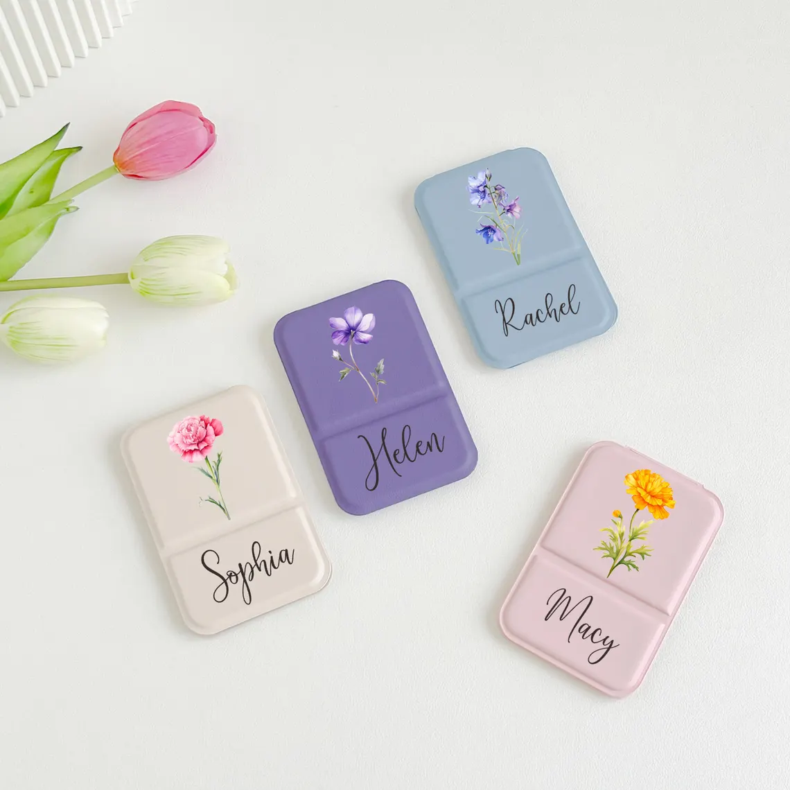 Personalized Birth Flower Compact Mirror – Custom Name Makeup Mirror - Image 4