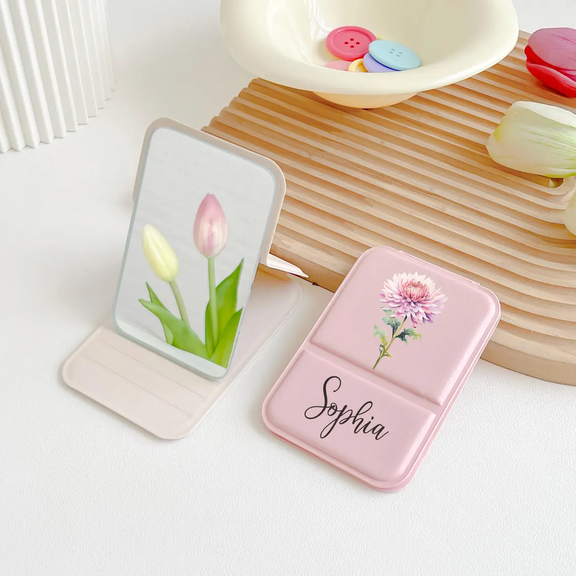 Personalized Birth Flower Compact Mirror – Custom Name Makeup Mirror - Image 6