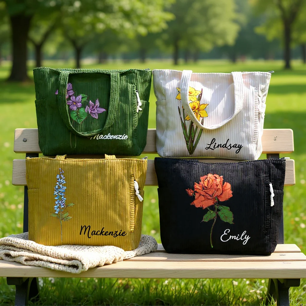 Personalized Birth Flower Tote Bag – Custom Name Corduroy Bag - Image 2