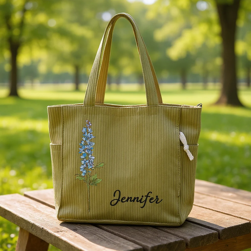 Personalized Birth Flower Tote Bag – Custom Name Corduroy Bag - Image 4