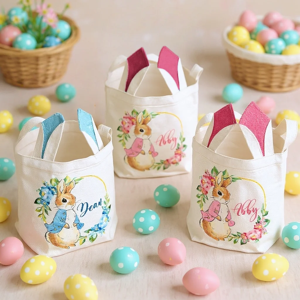 Personalized Bunny Ears Easter Basket – Custom Name Canvas Bag - Image 2