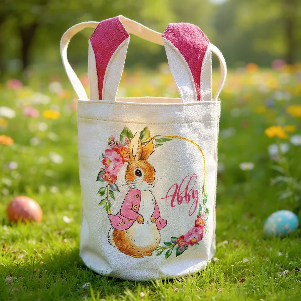Personalized Bunny Ears Easter Basket – Custom Name Canvas Bag - Image 3