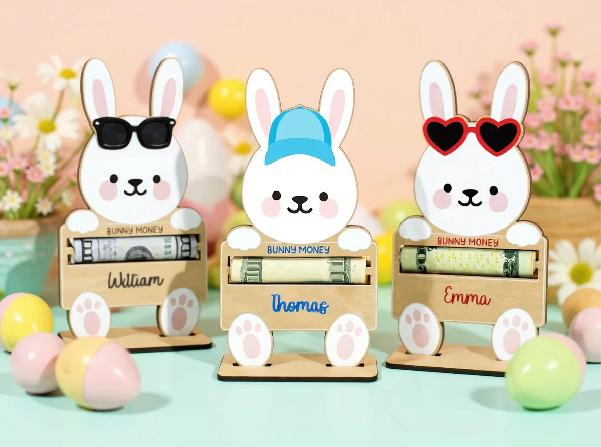 Personalized Wooden Bunny Money Holder with Stand– Easter Gift for Kids