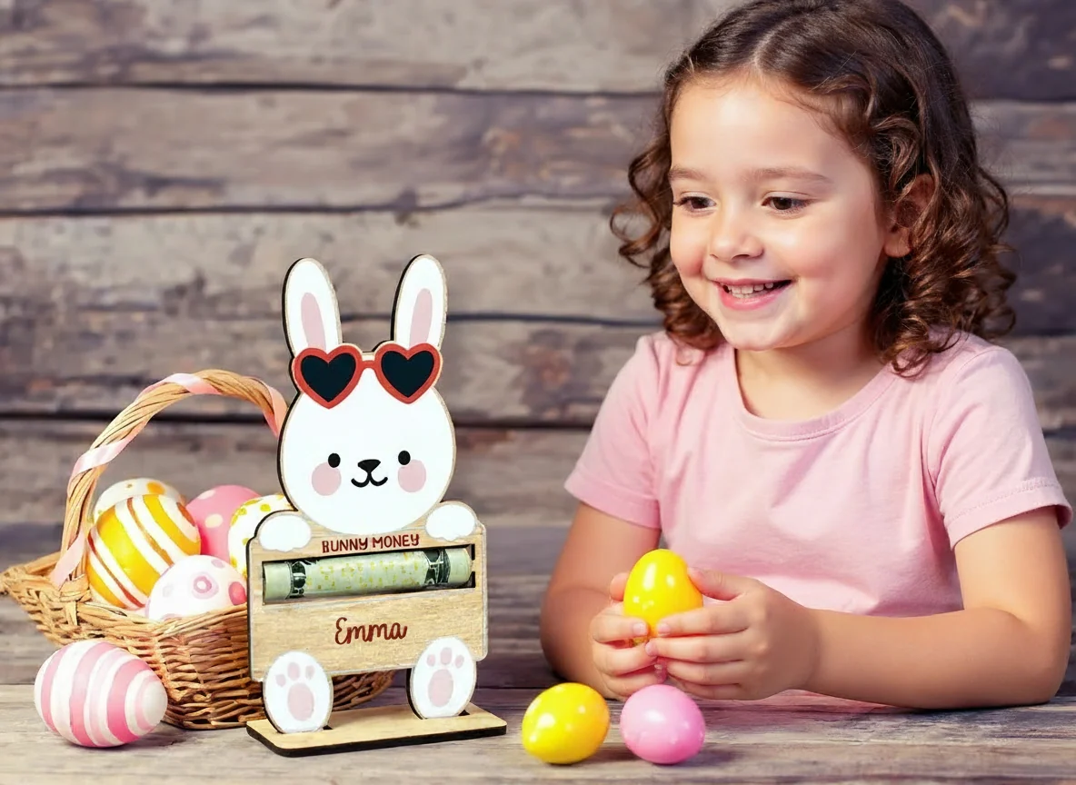 Personalized Wooden Bunny Money Holder with Stand– Easter Gift for Kids - Image 2