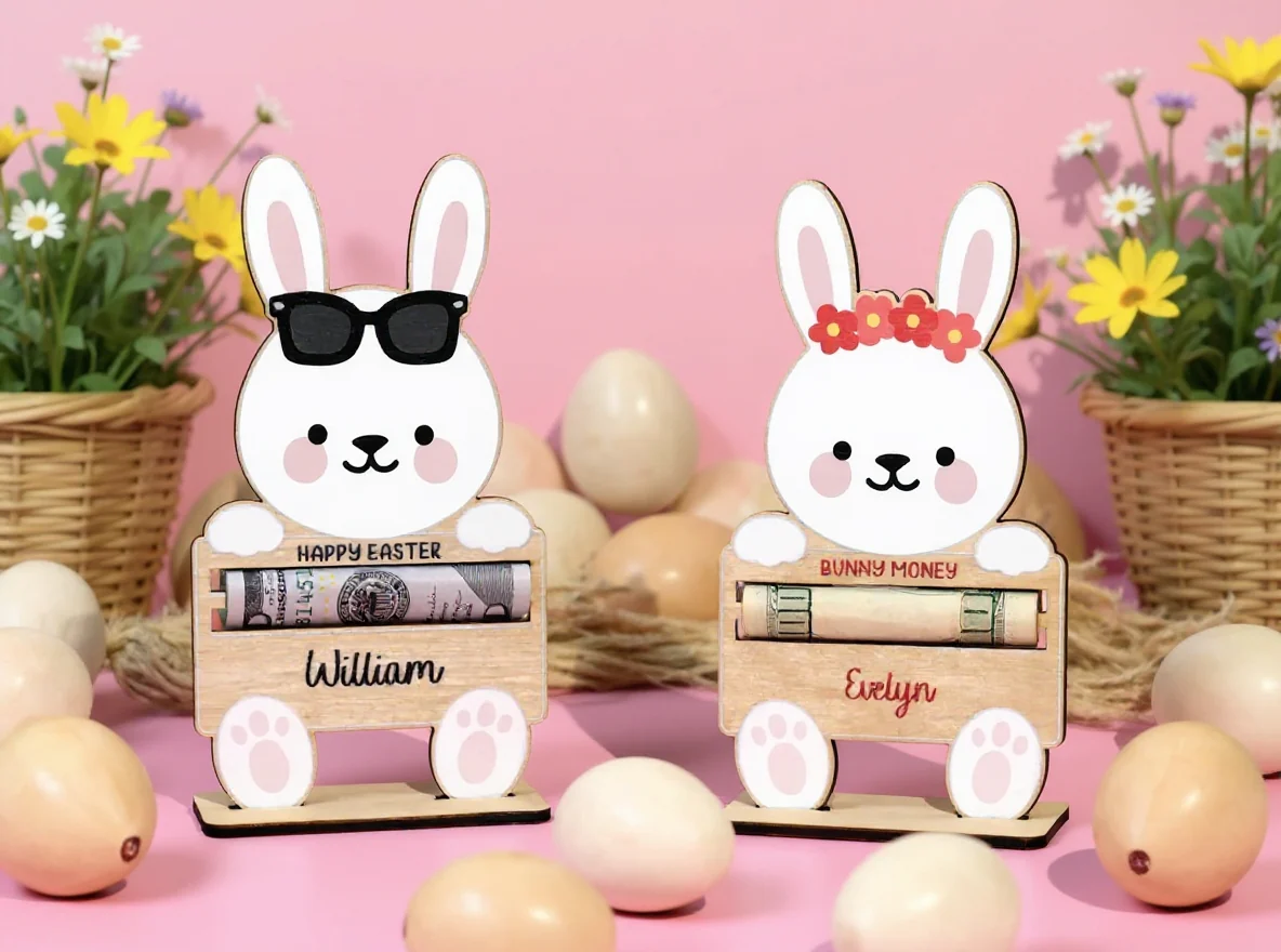 Personalized Wooden Bunny Money Holder with Stand– Easter Gift for Kids - Image 3