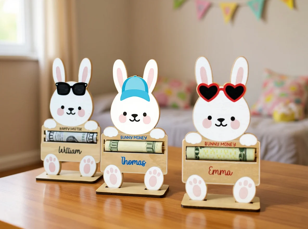 Personalized Wooden Bunny Money Holder with Stand– Easter Gift for Kids - Image 4