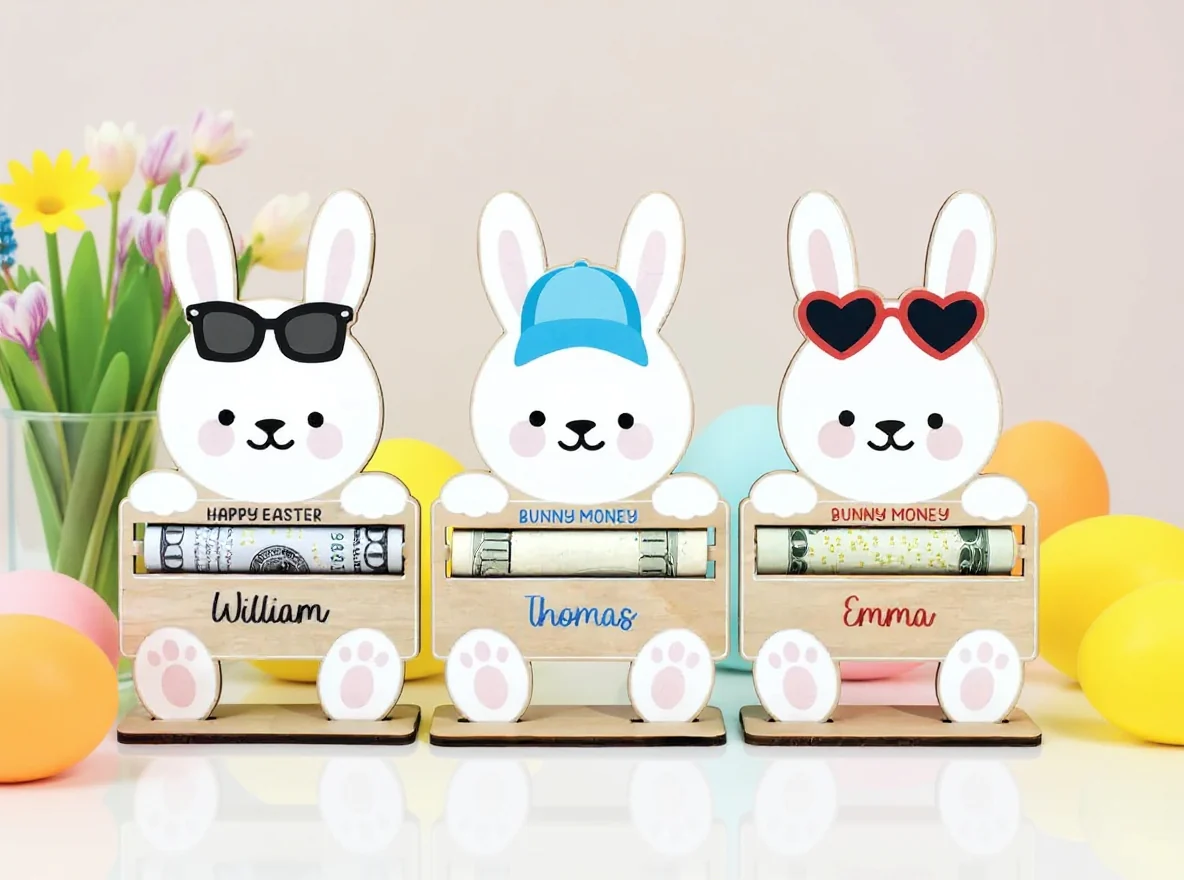 Personalized Wooden Bunny Money Holder with Stand– Easter Gift for Kids - Image 5