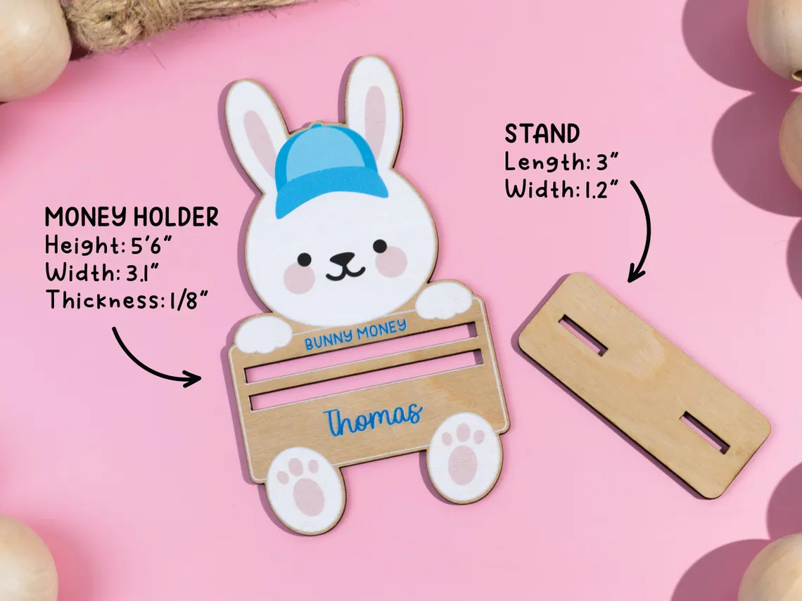 Personalized Wooden Bunny Money Holder with Stand– Easter Gift for Kids - Image 6