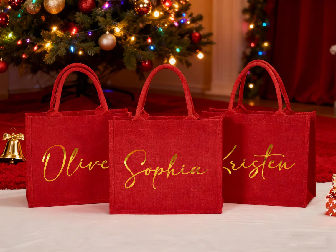 Personalized Burlap Christmas Gift Bag | Custom Red Holiday Gift Sack - Image 2