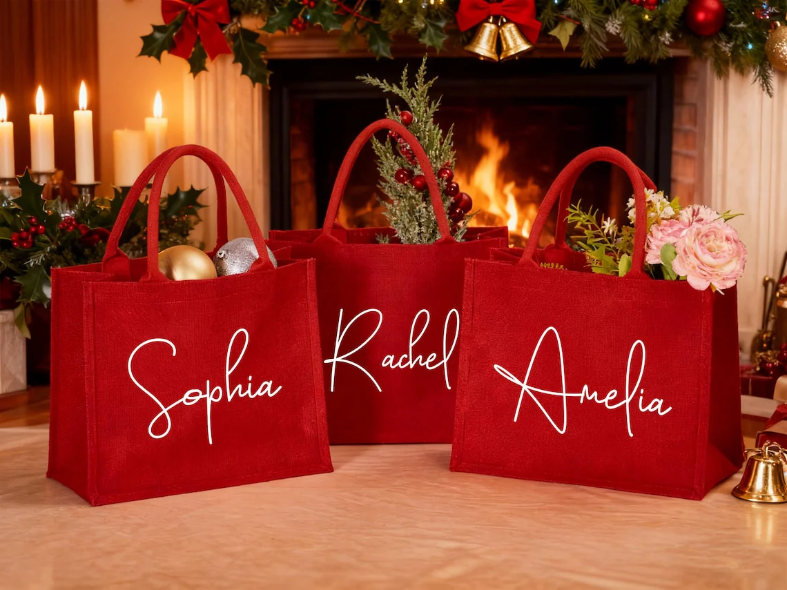 Personalized Burlap Christmas Gift Bag | Custom Red Holiday Gift Sack - Image 5
