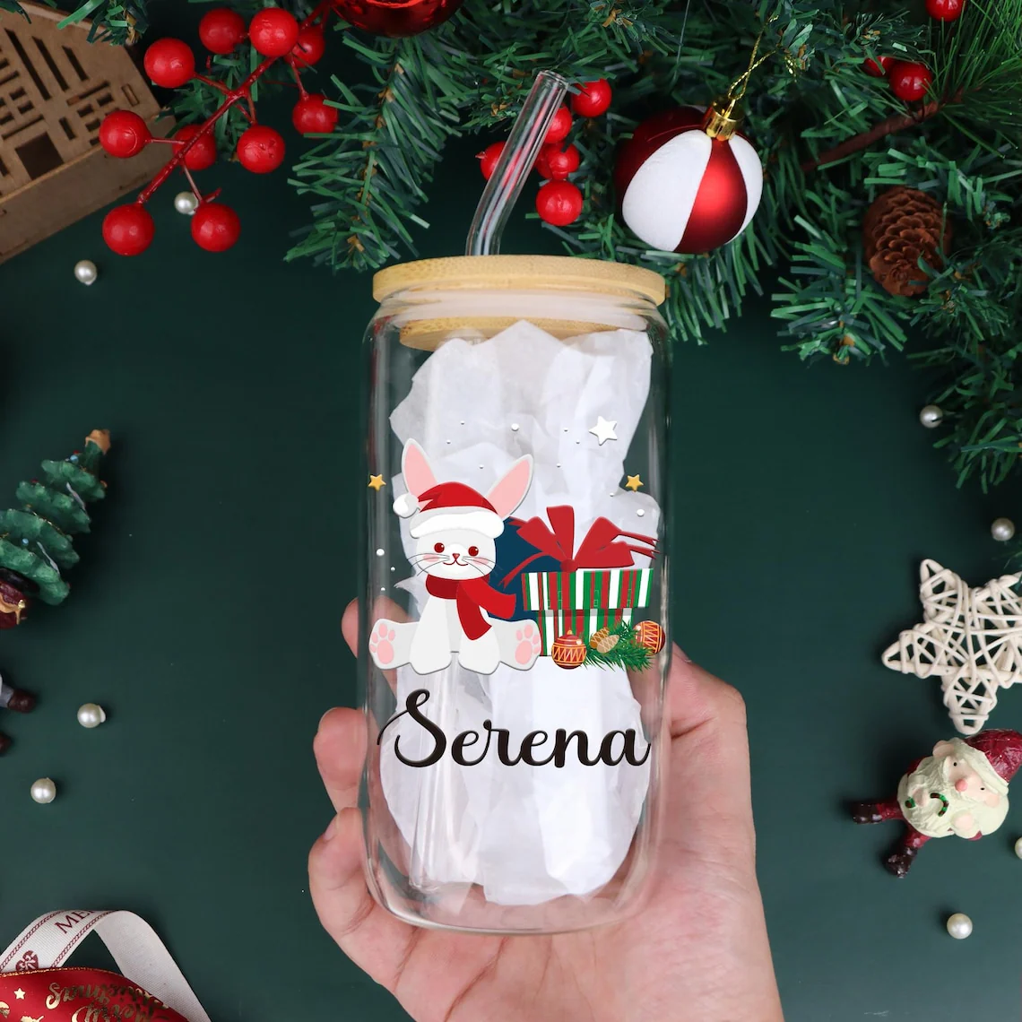 Personalized Christmas Glass Cup | 16oz Iced Coffee & Holiday Drink Mug