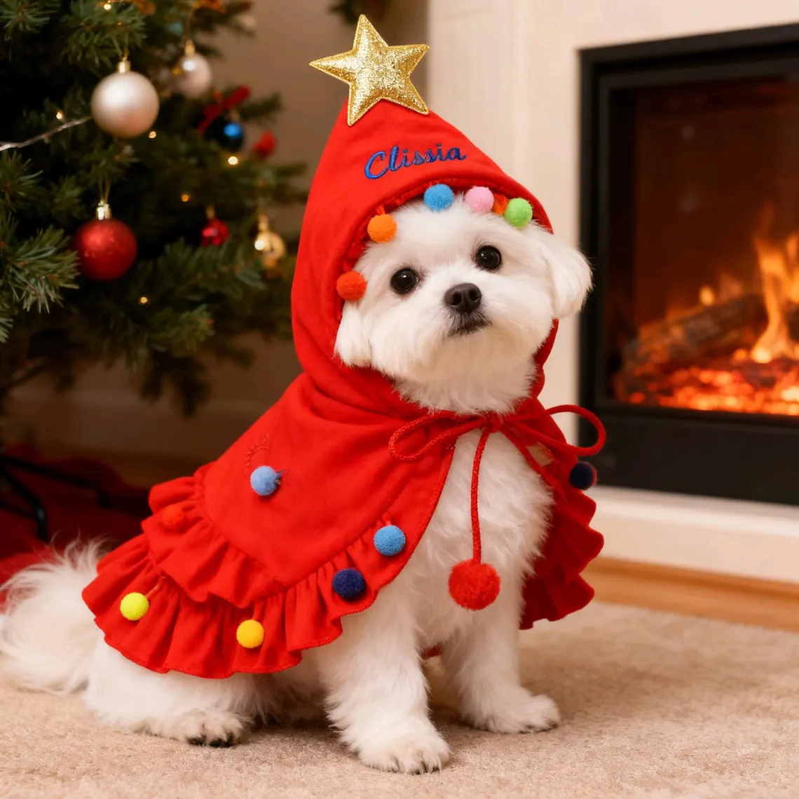 Personalized Christmas Pet Name Cape | Dog & Cat Holiday Outfit | Custom Embroidered Pet Cloak - Image 3