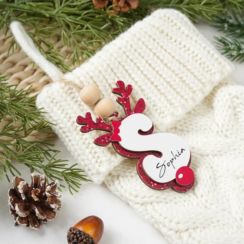 Personalized Christmas Initial Reindeer Ornaments Name Tags - Image 2