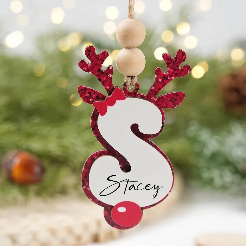 Personalized Christmas Initial Reindeer Ornaments Name Tags - Image 4