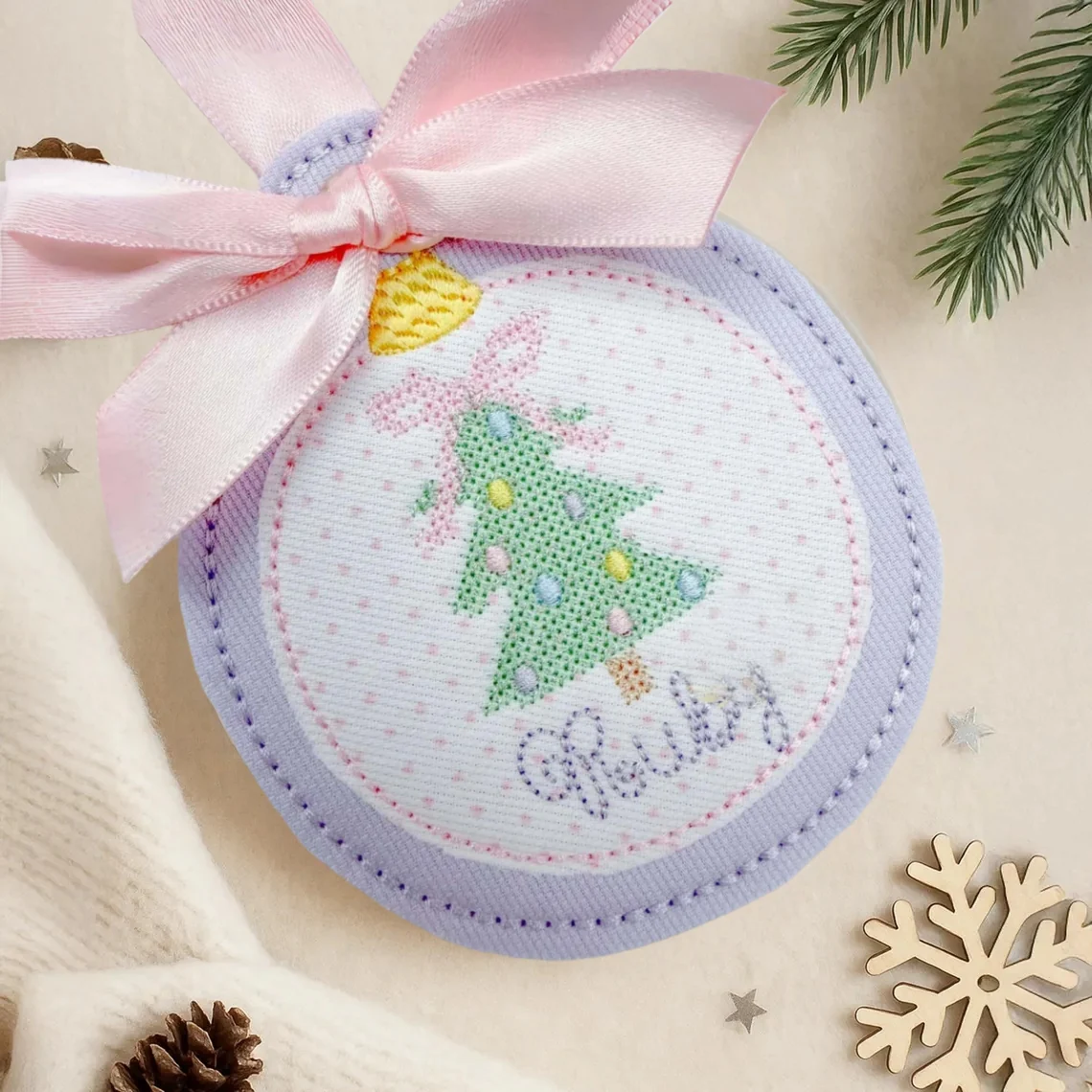 Personalized Christmas Tree with Pink Bow Custom Name Ornament - Image 2