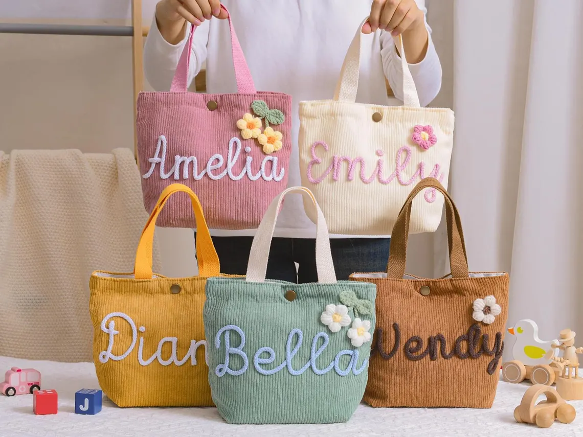 Personalized Corduroy Kids Tote Bag – Custom Name Handbag - Image 2