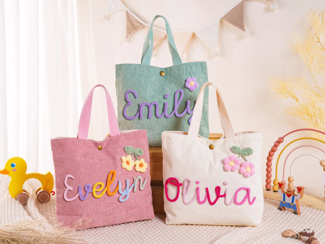 Personalized Corduroy Kids Tote Bag – Custom Name Handbag - Image 4