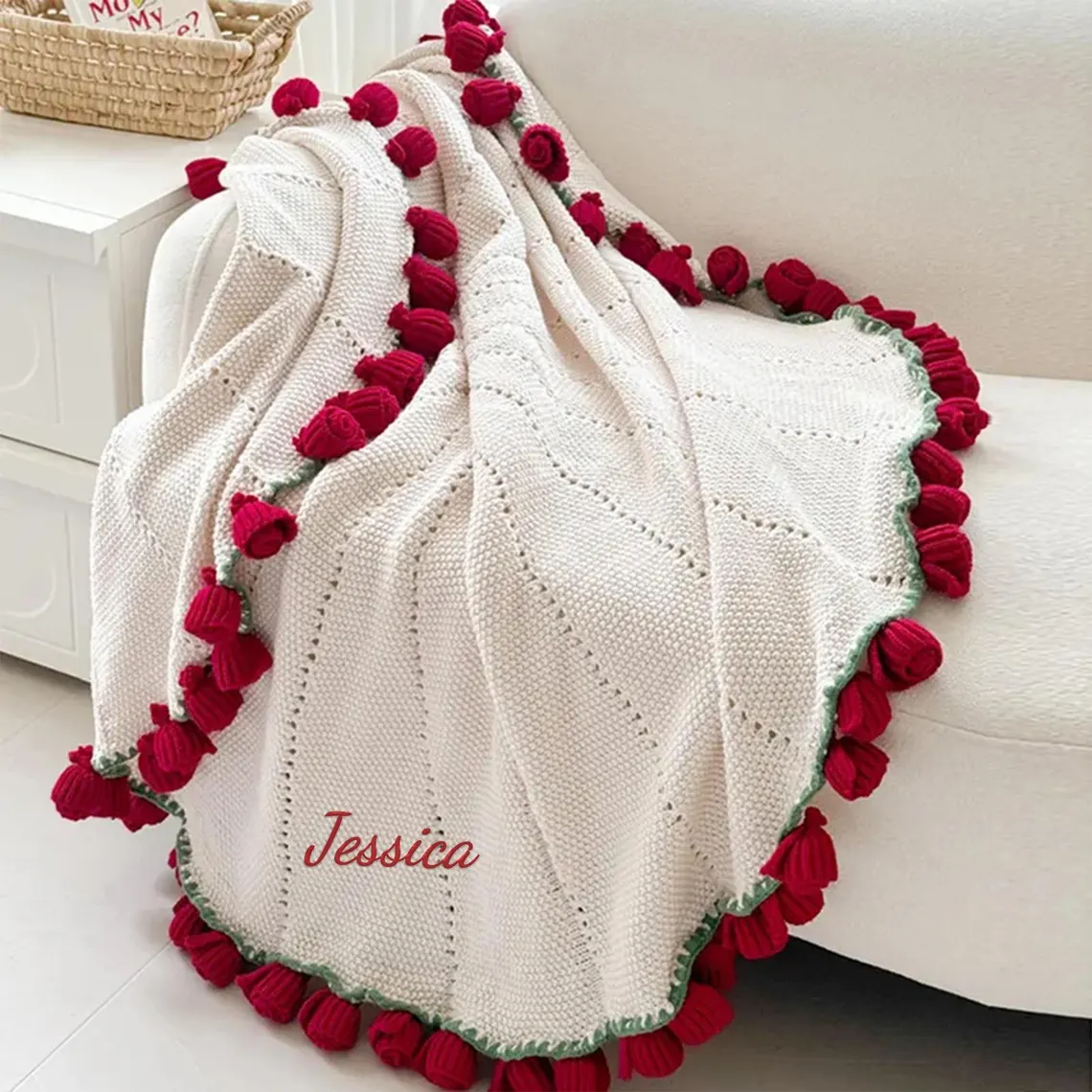 Personalized Crochet Rose Bouquet Blanket with Embroidered Name - Image 3