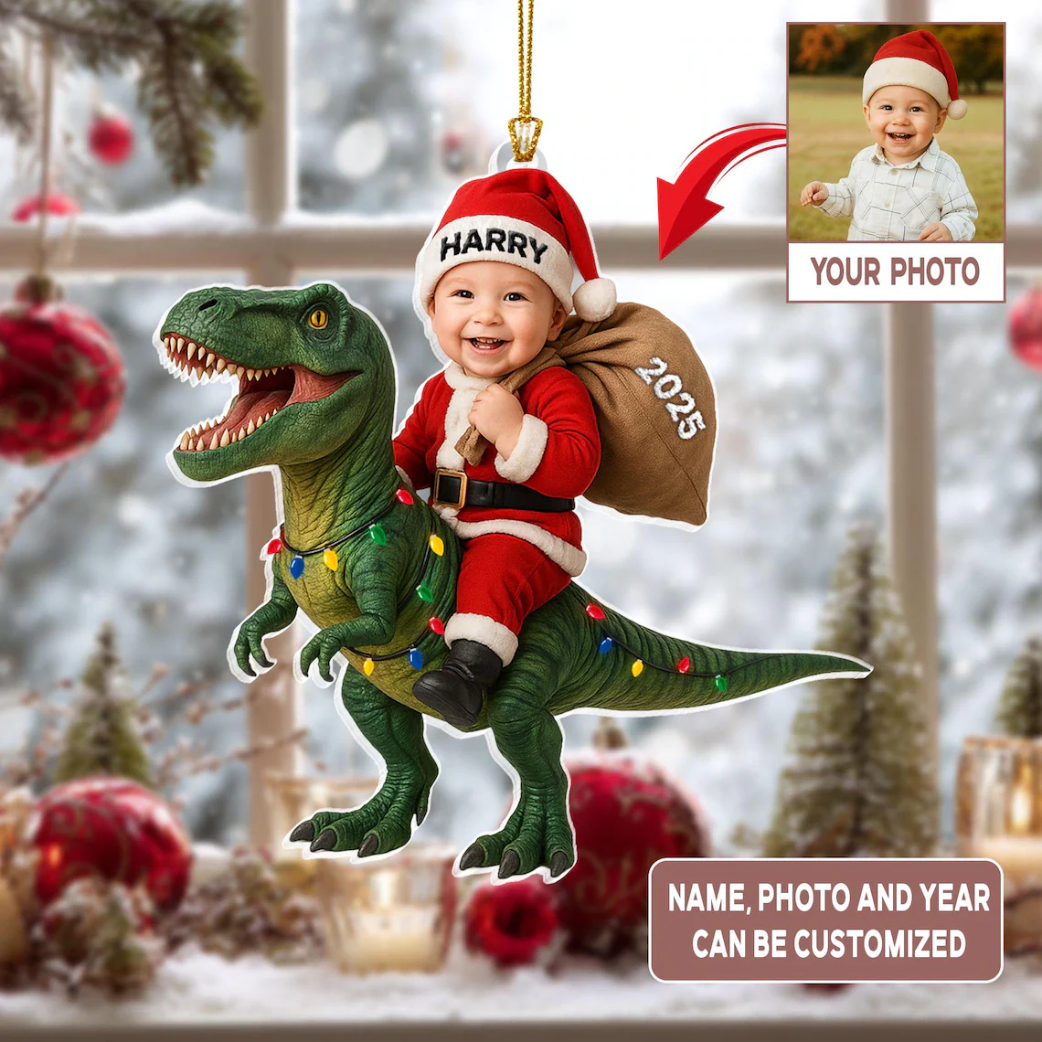 Personalized Acrylic Dinosaur Christmas Ornament – Kids Photo Keepsake 2025