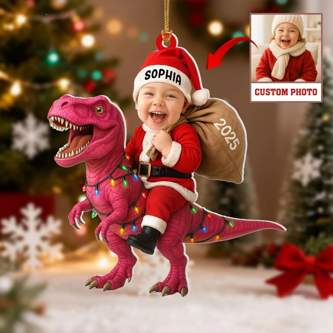 Personalized Acrylic Dinosaur Christmas Ornament – Kids Photo Keepsake 2025 - Image 2