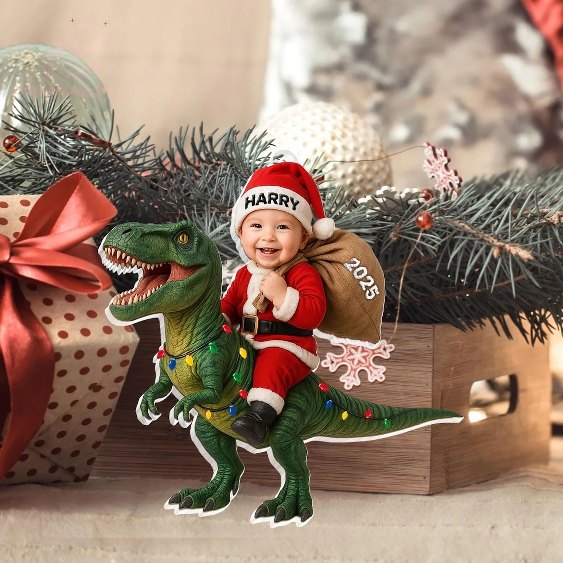 Personalized Acrylic Dinosaur Christmas Ornament – Kids Photo Keepsake 2025 - Image 3