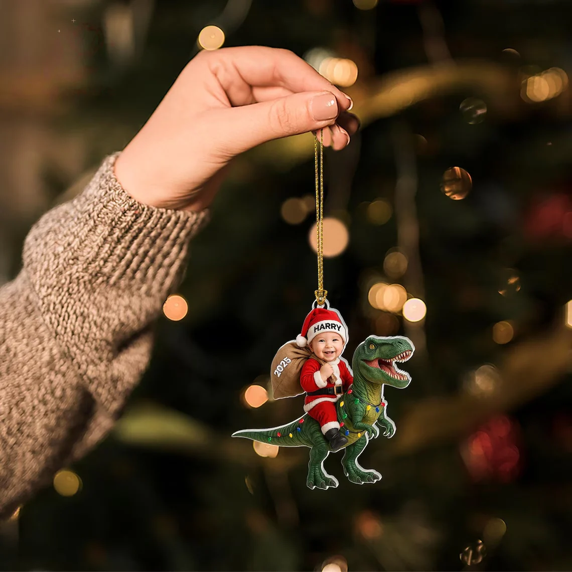 Personalized Acrylic Dinosaur Christmas Ornament – Kids Photo Keepsake 2025 - Image 4