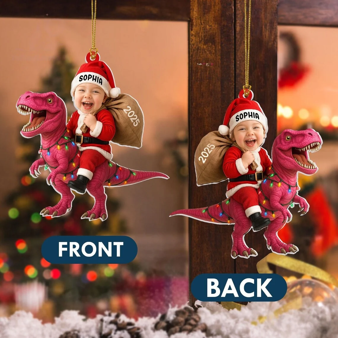 Personalized Acrylic Dinosaur Christmas Ornament – Kids Photo Keepsake 2025 - Image 6