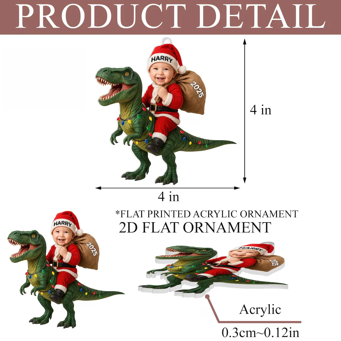 Personalized Acrylic Dinosaur Christmas Ornament – Kids Photo Keepsake 2025 - Image 7
