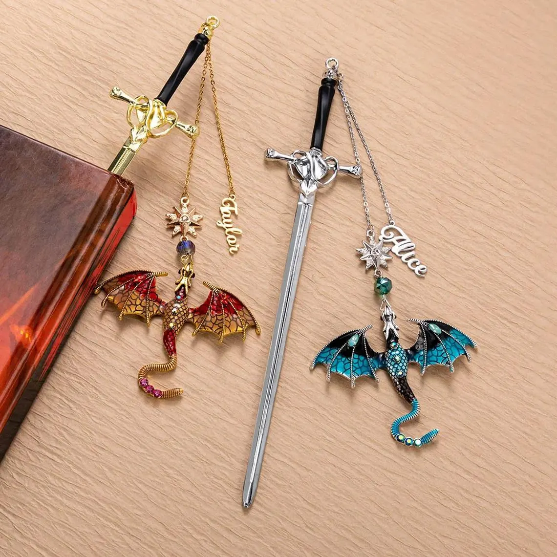 Custom Name Fantasy Dragon Bookmark | Metal Sword Design