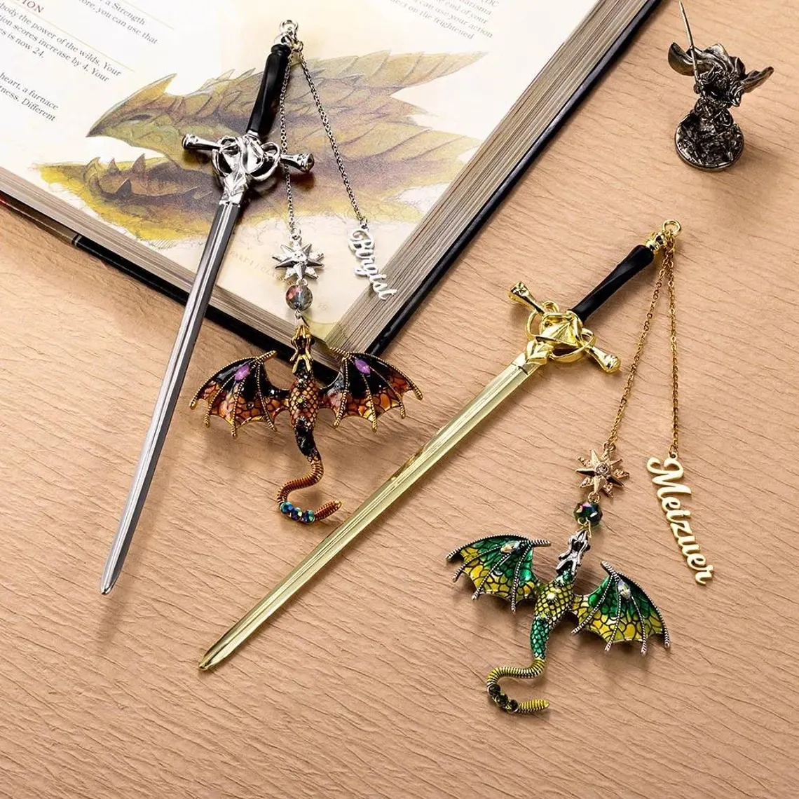 Custom Name Fantasy Dragon Bookmark | Metal Sword Design - Image 2