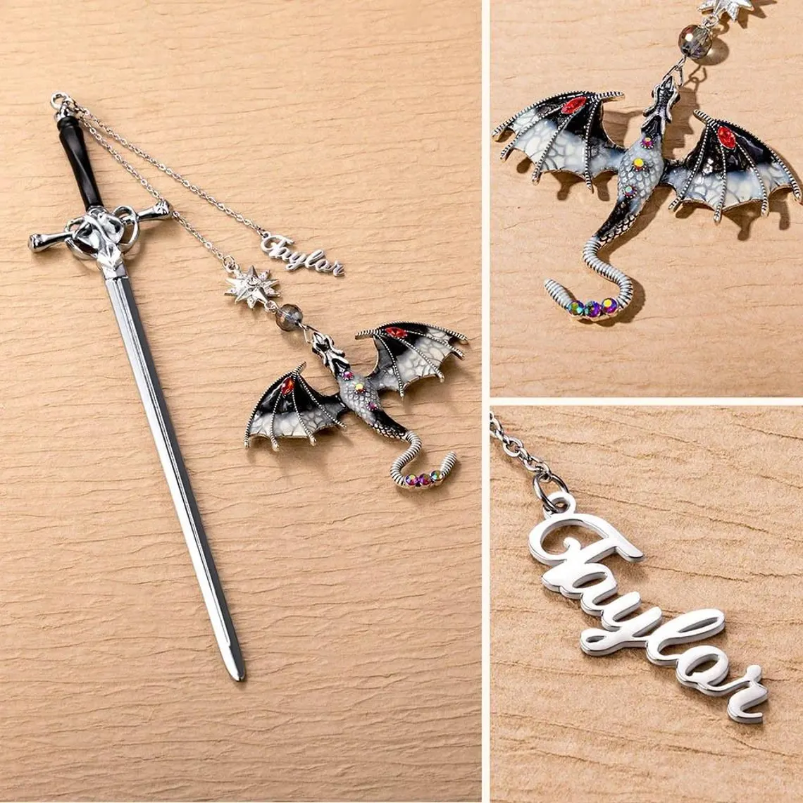 Custom Name Fantasy Dragon Bookmark | Metal Sword Design - Image 6