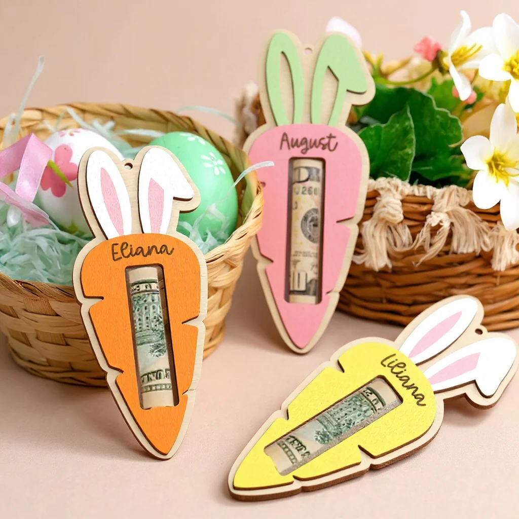 Personalized Easter Carrot Wood Money Holder Ornament