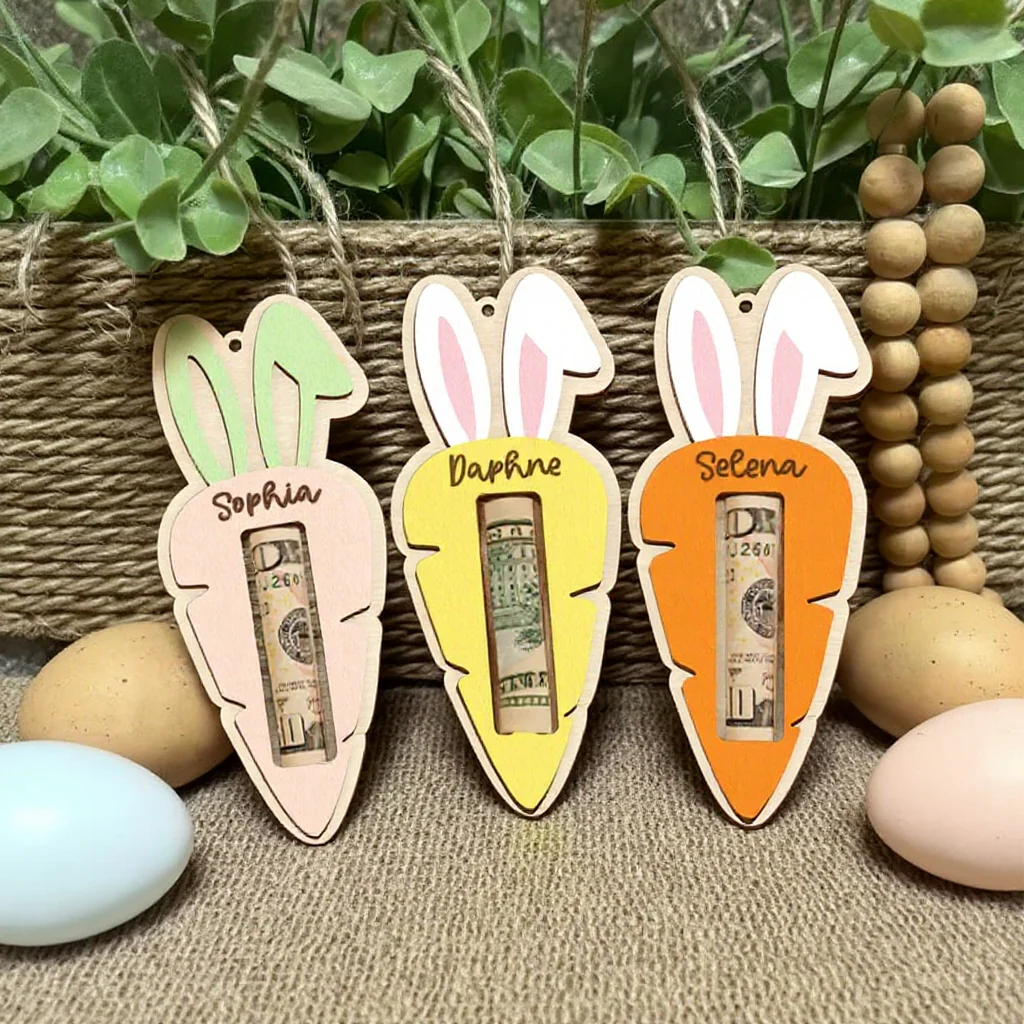 Personalized Easter Carrot Wood Money Holder Ornament - Image 2
