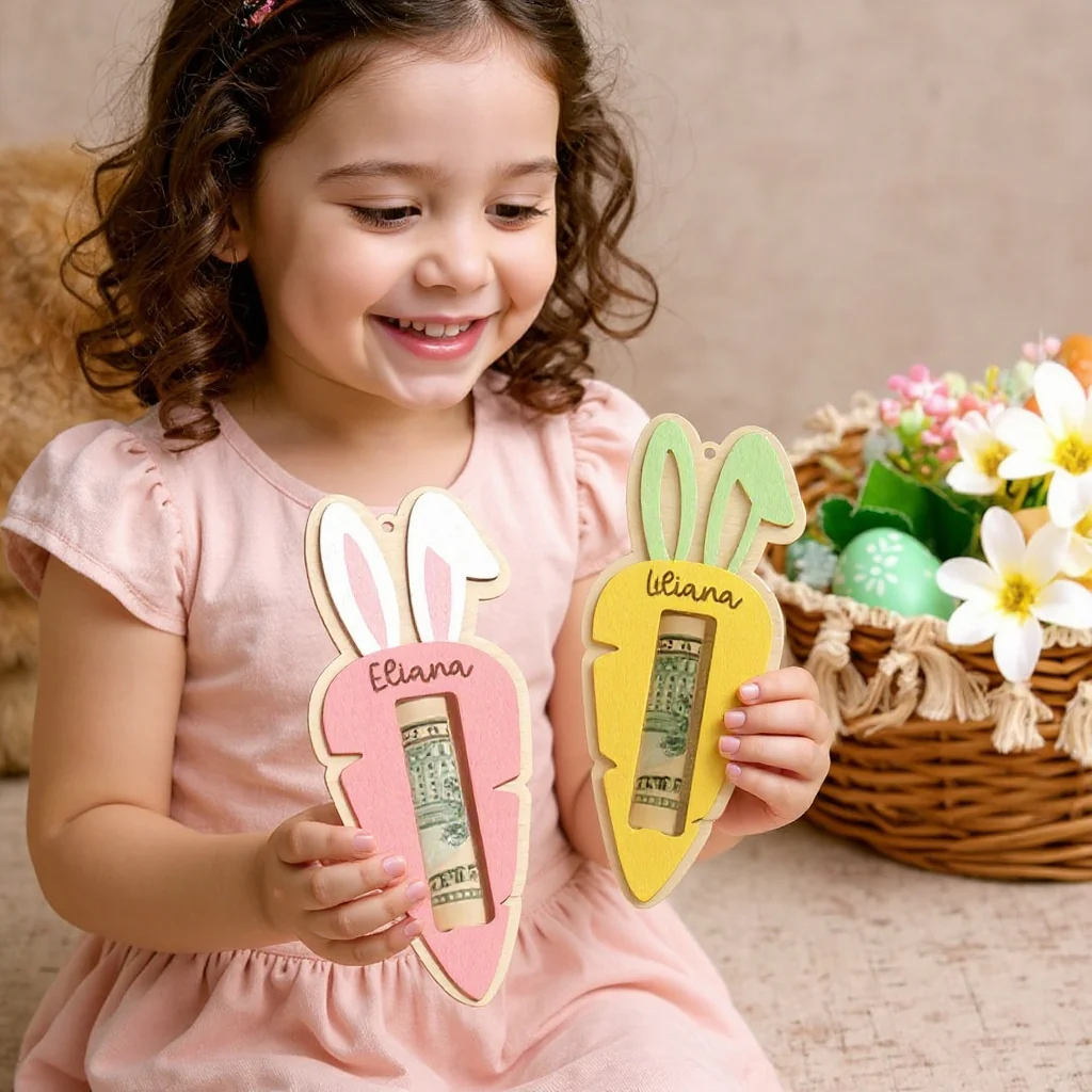 Personalized Easter Carrot Wood Money Holder Ornament - Image 3