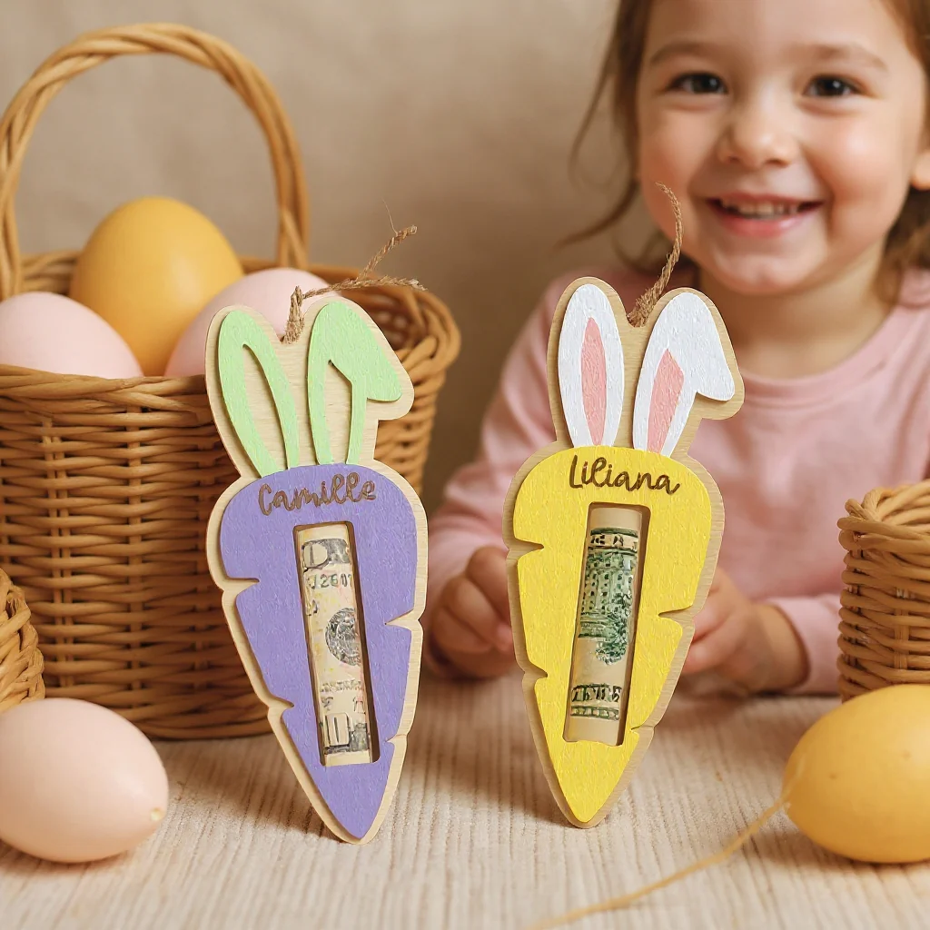 Personalized Easter Carrot Wood Money Holder Ornament - Image 4