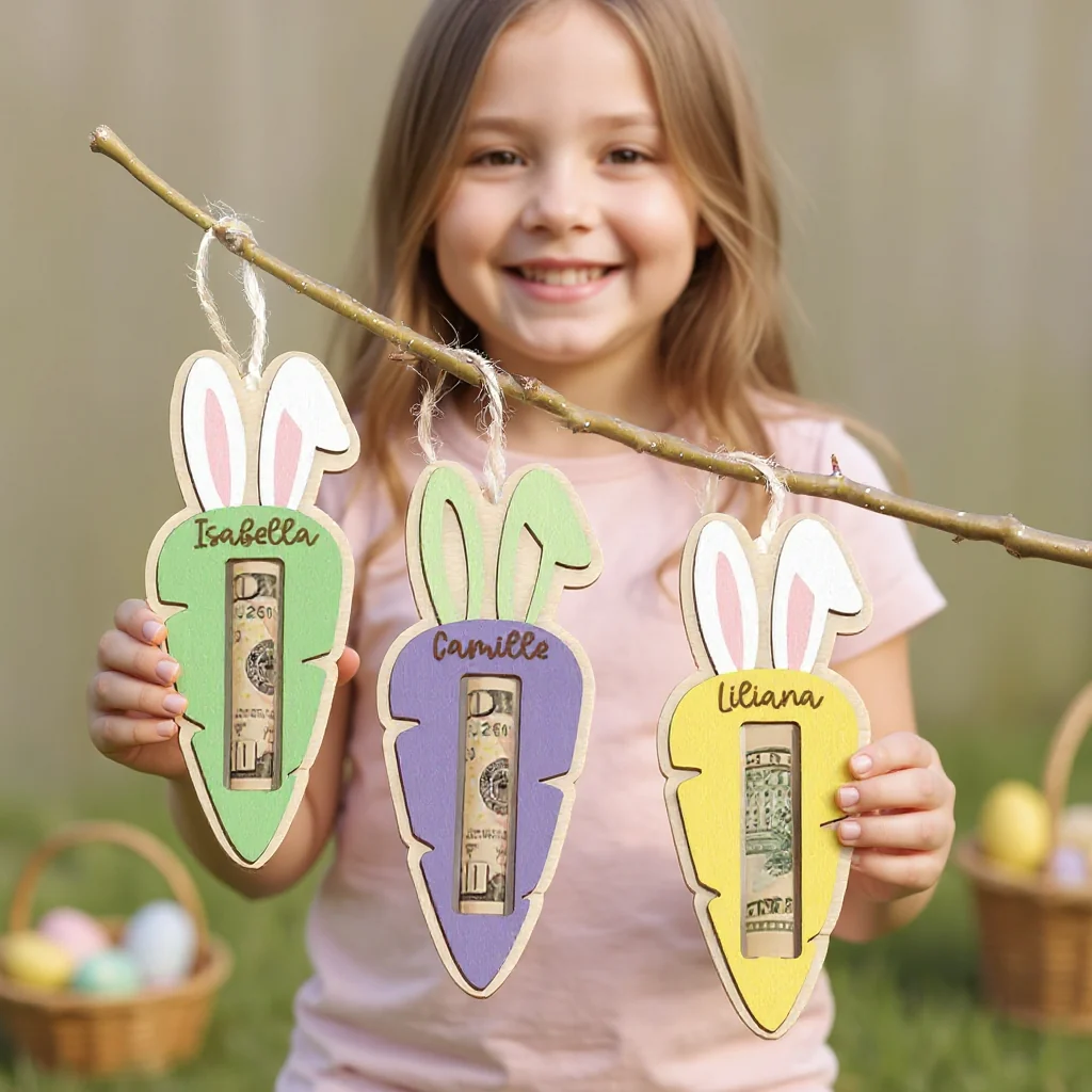 Personalized Easter Carrot Wood Money Holder Ornament - Image 6