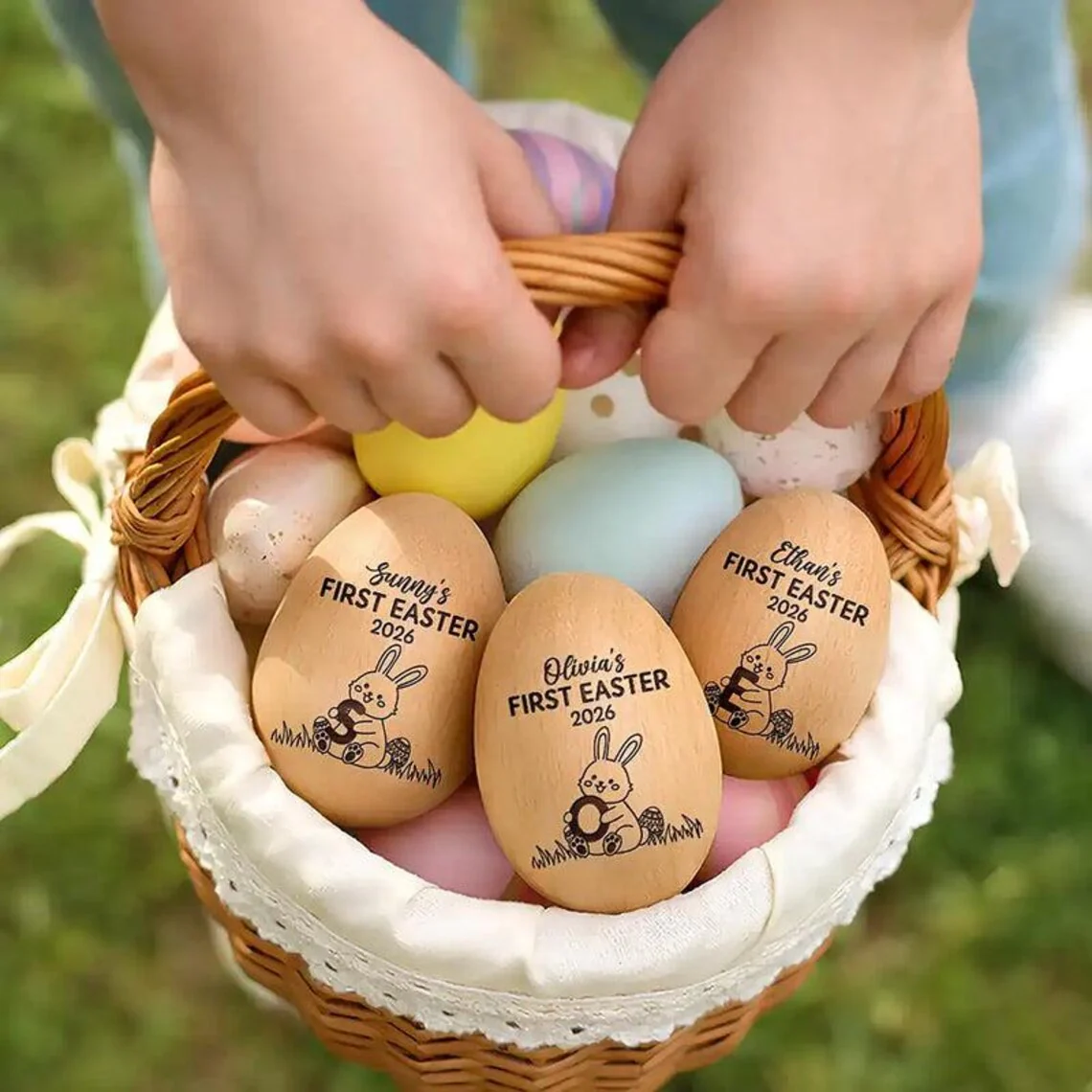 Personalized Easter Wooden Egg Shaker with Custom Year Name