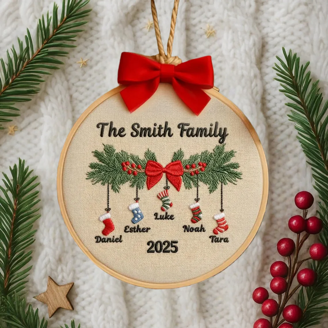 Personalized Family Christmas Embroidery Ornament 2025 | Stockings on Mantel - Image 2