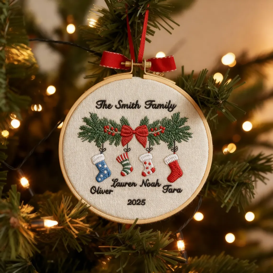 Personalized Family Christmas Embroidery Ornament 2025 | Stockings on Mantel - Image 4