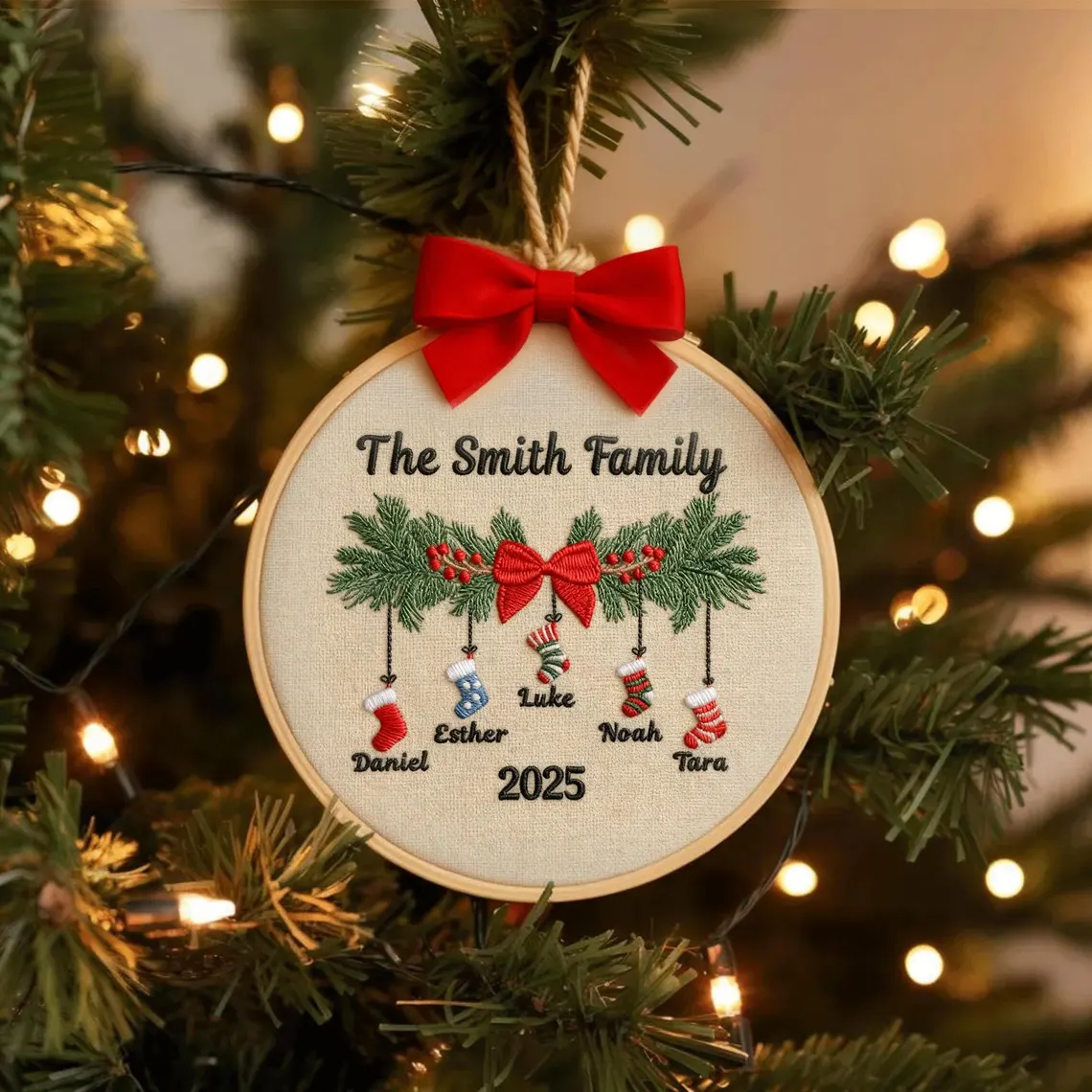 Personalized Family Christmas Embroidery Ornament 2025 | Stockings on Mantel - Image 5